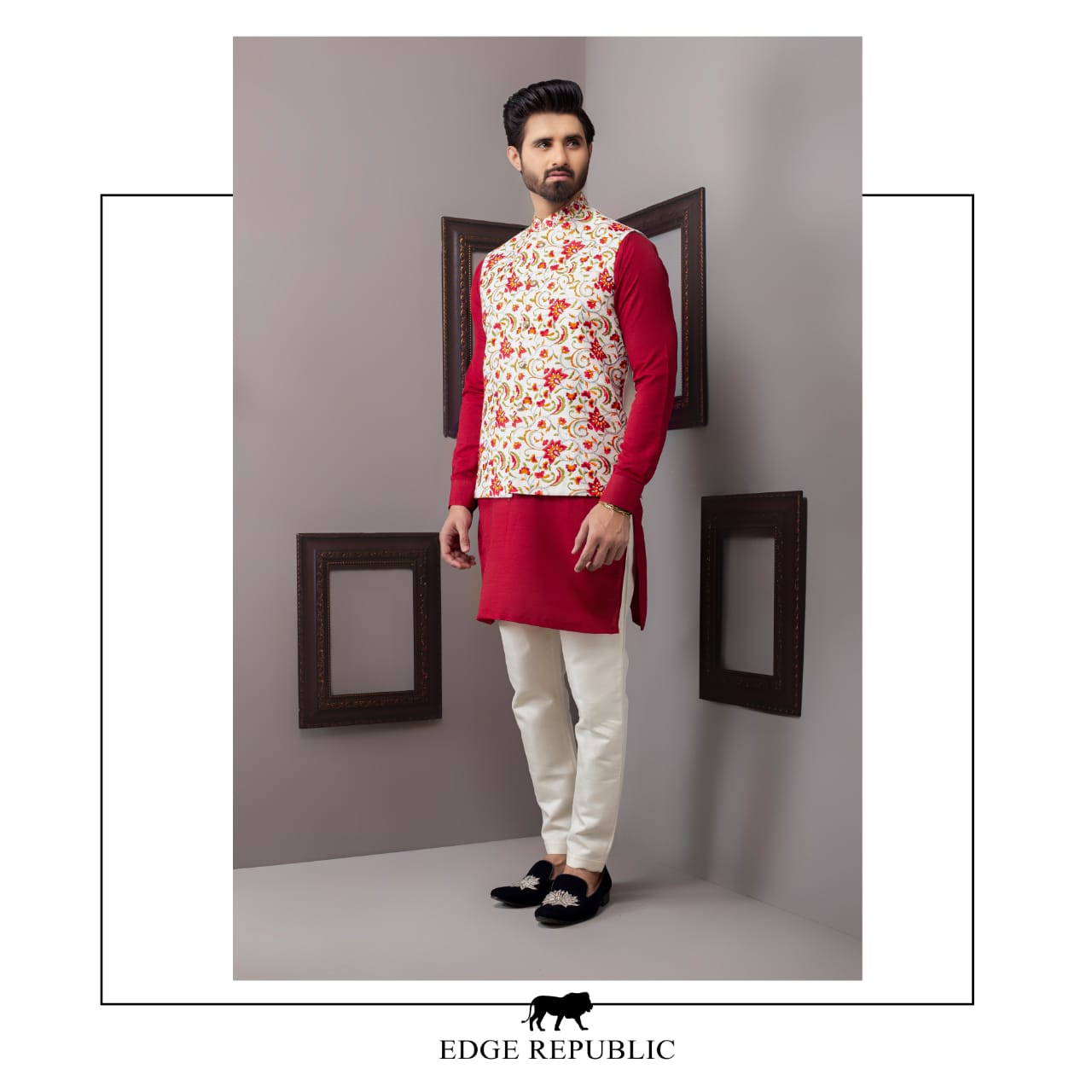 Yellow Floral Printed Cotton-Blend Waistcoat (3-Piece) - Image 4