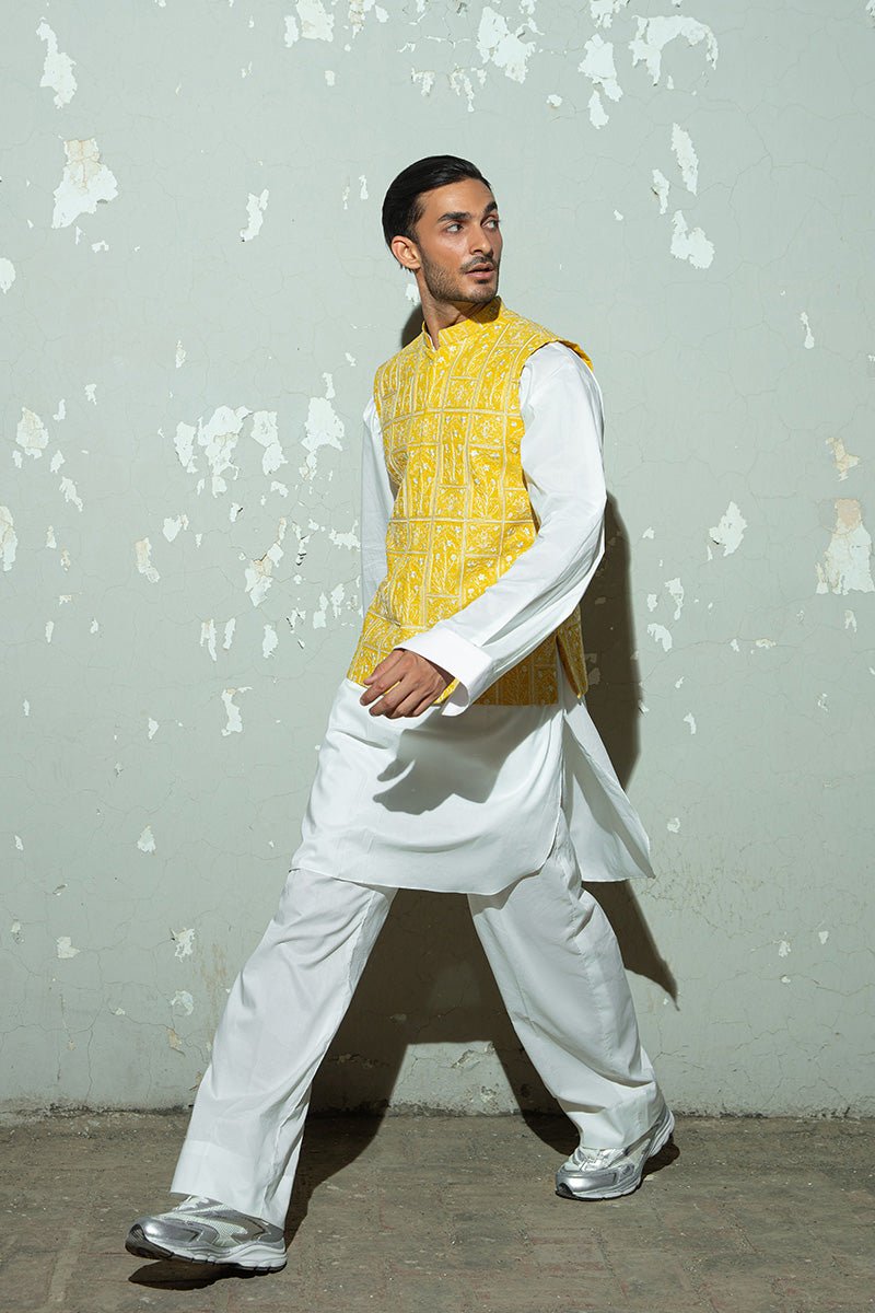 Yellow Silk Thread Embroidered Cotton Waistcoat Kurta (3-Piece) - Image 2