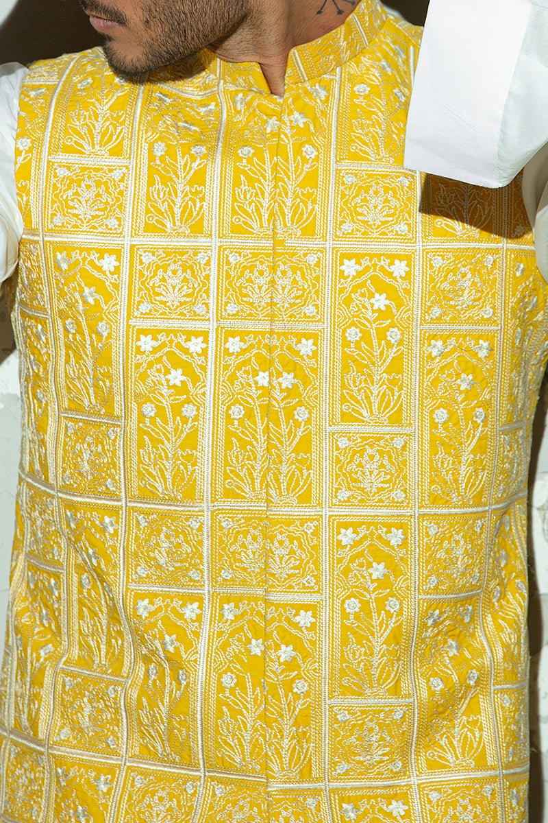 Yellow Silk Thread Embroidered Cotton Waistcoat Kurta (3-Piece) - Image 3