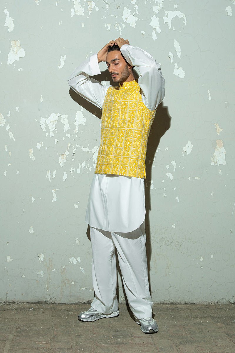 Yellow Silk Thread Embroidered Cotton Waistcoat Kurta (3-Piece) - Image 5