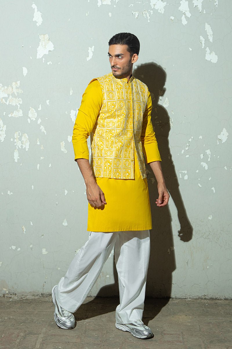 Yellow Silk Thread Embroidered Cotton Waistcoat Kurta (3-Piece) - Image 6
