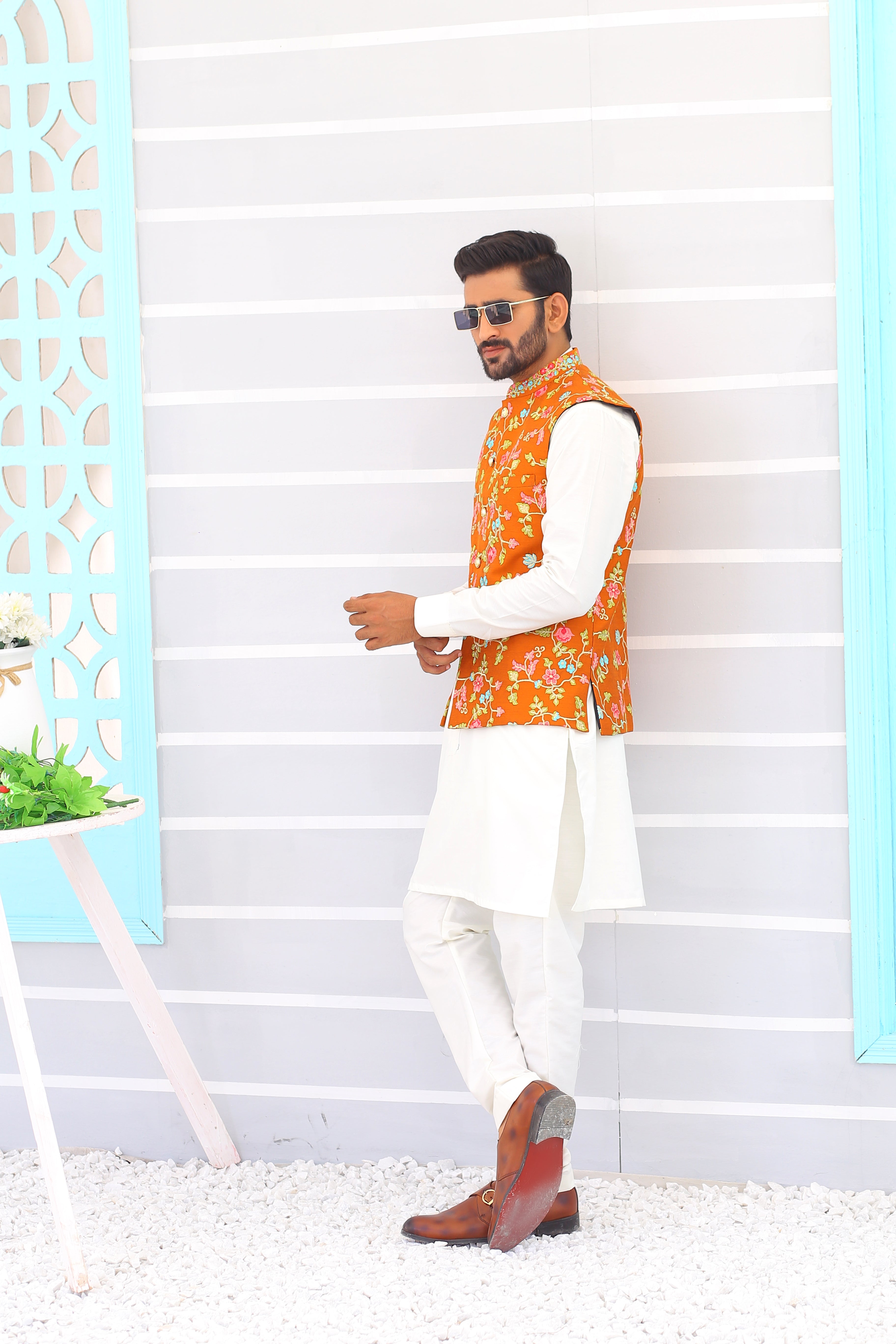 Mustard Yellow Embroidered Cotton-Silk Waistcoat (3-Piece) - Image 3