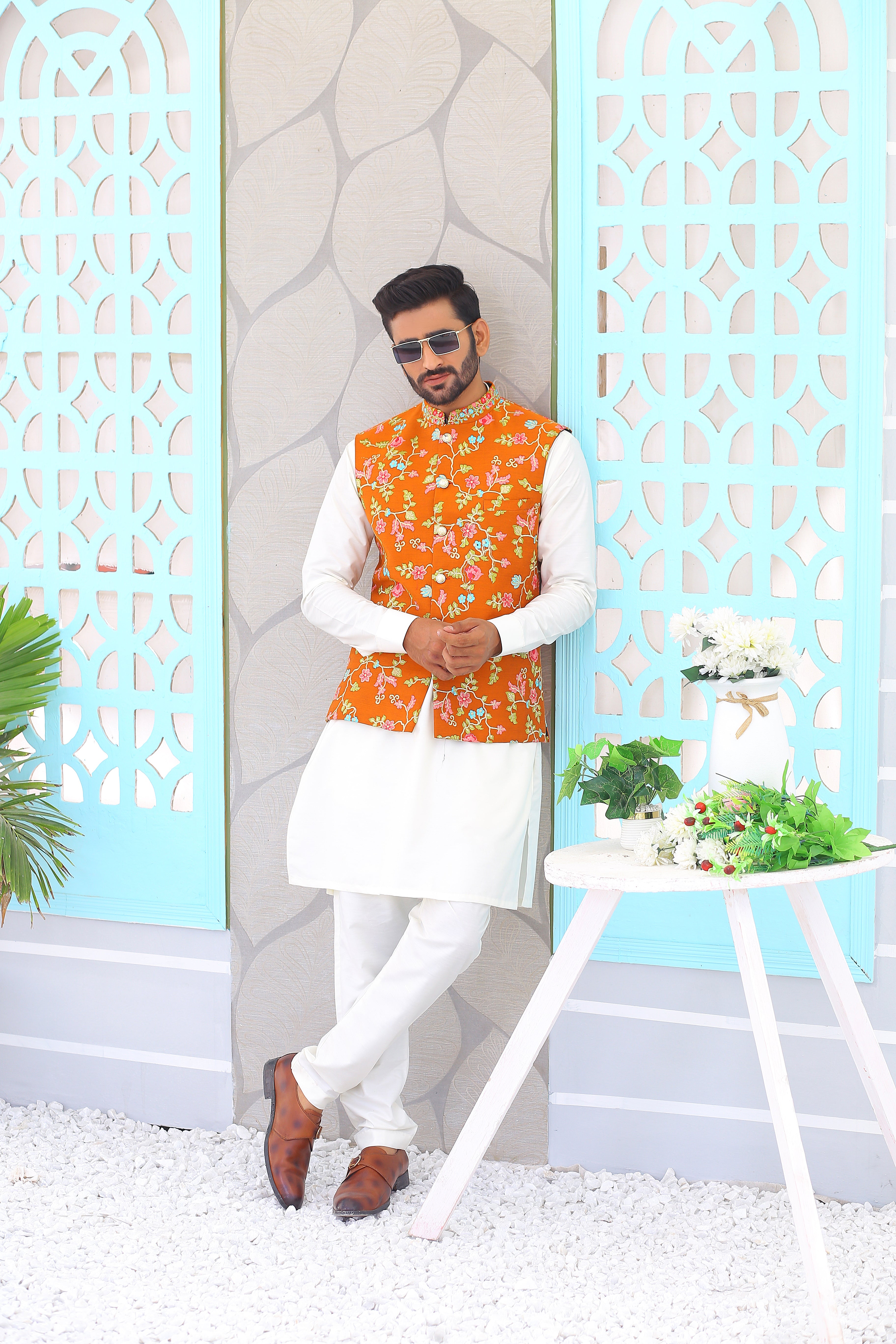 Mustard Yellow Embroidered Cotton-Silk Waistcoat (3-Piece) - Image 4