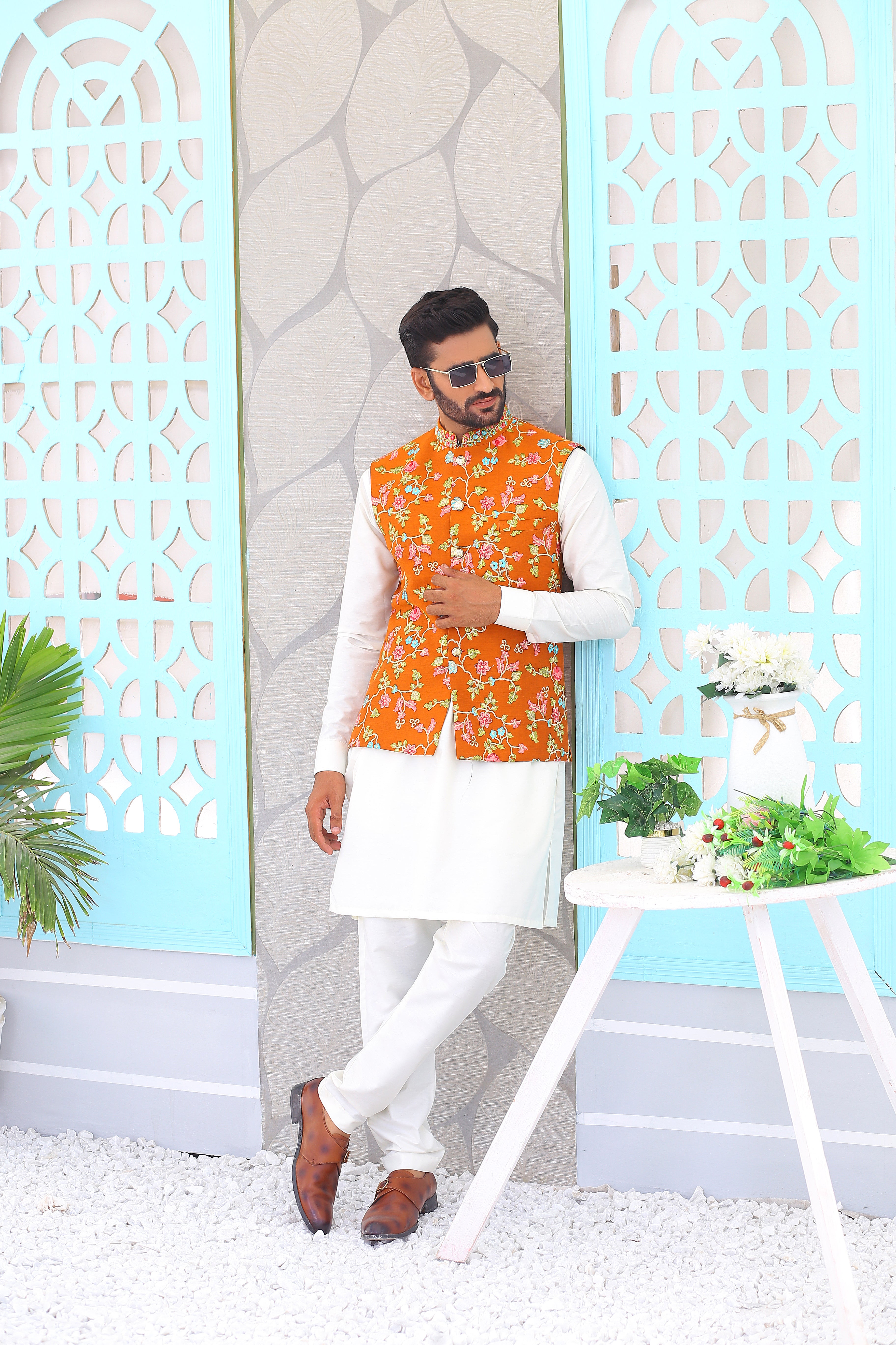 Mustard Yellow Embroidered Cotton-Silk Waistcoat (3-Piece) - Image 5