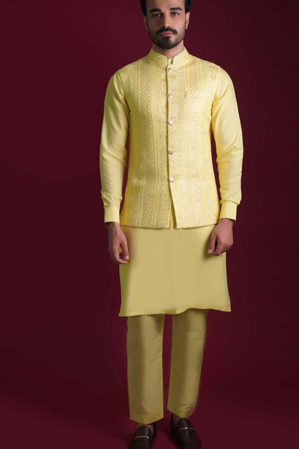 Pale Lemon Embroidered Cotton-Silk Waistcoat Kurta (3-Piece) - Image 1