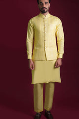 Pale Lemon Embroidered Cotton-Silk Waistcoat Kurta (3-Piece) - Image 2