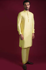Pale Lemon Embroidered Cotton-Silk Waistcoat Kurta (3-Piece) - Image 3