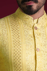 Pale Lemon Embroidered Cotton-Silk Waistcoat Kurta (3-Piece) - Image 4