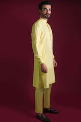 Pale Lemon Embroidered Cotton-Silk Waistcoat Kurta (3-Piece) - Image 5