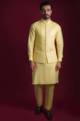 Pale Lemon Embroidered Cotton-Silk Waistcoat Kurta (3-Piece) - Image 6