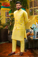 Yellow Embroidered Cotton-Silk Waistcoat Kurta (3-Piece) - Image 2