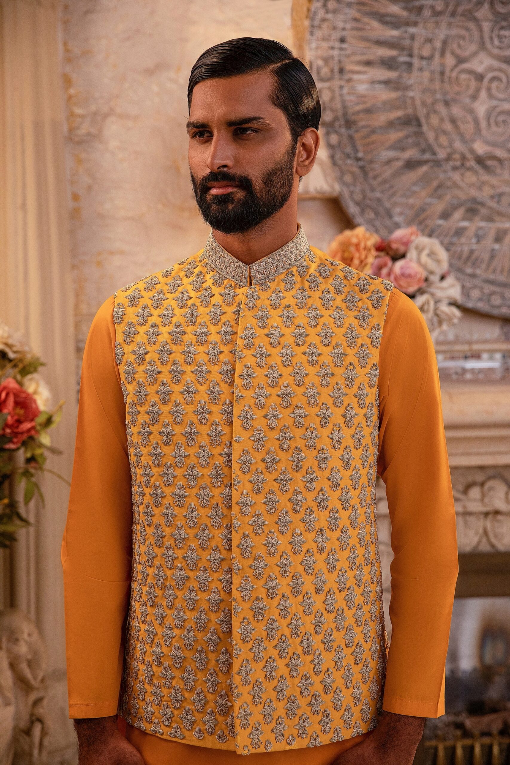 Canary Yellow Embroidered Waistcoat Kurta (3-Piece) - Image 1