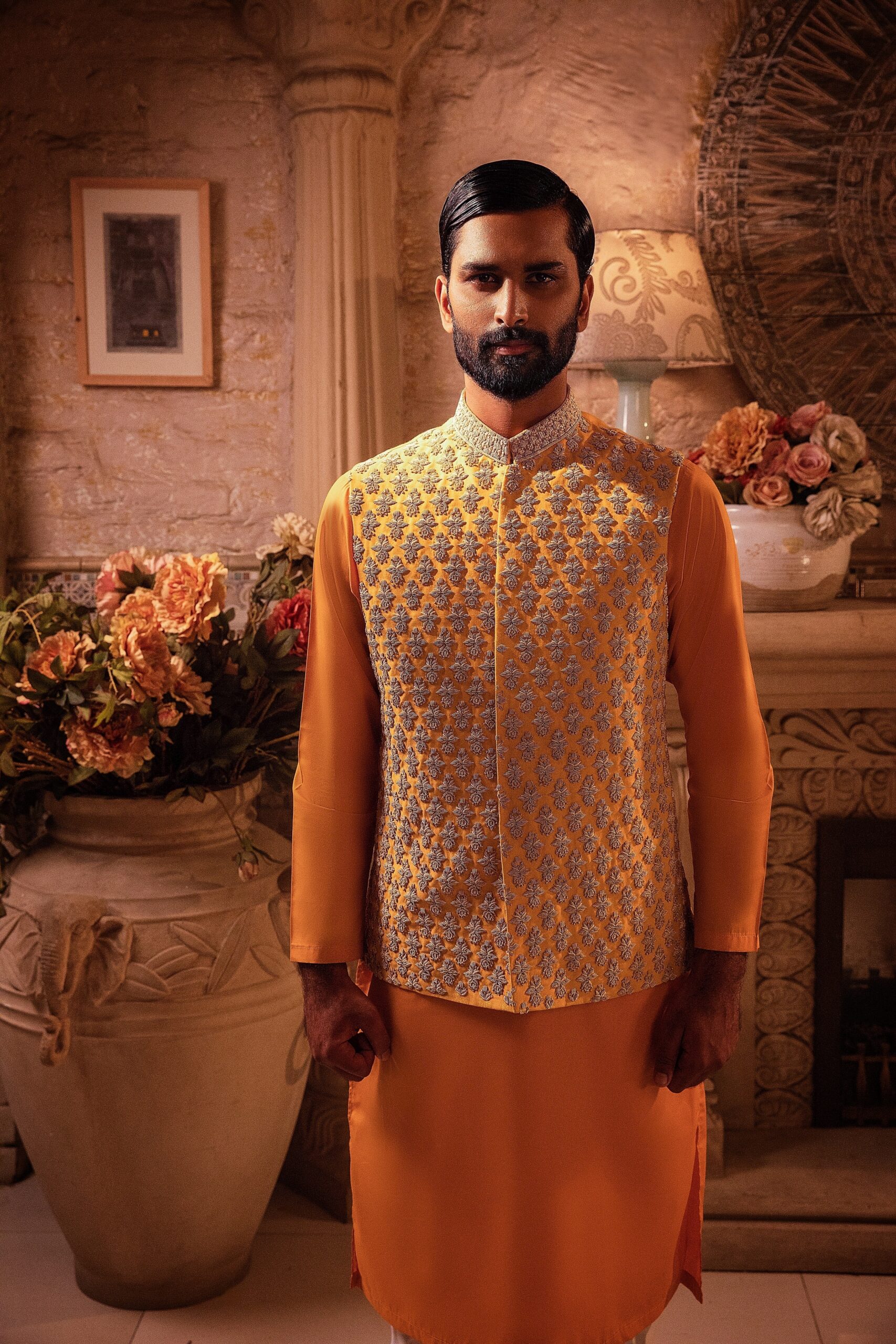 Canary Yellow Embroidered Waistcoat Kurta (3-Piece) - Image 2