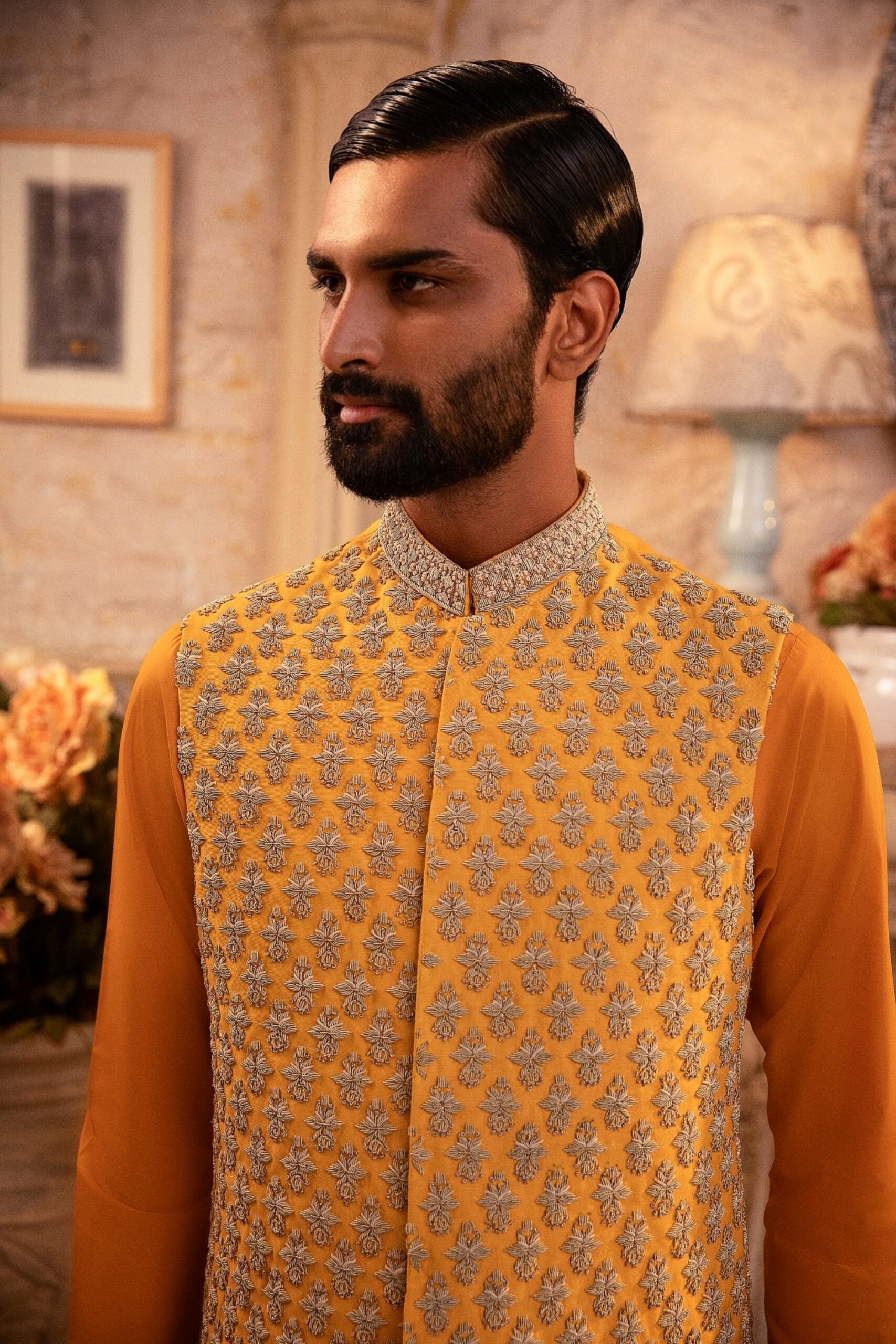 Canary Yellow Embroidered Waistcoat Kurta (3-Piece) - Image 3