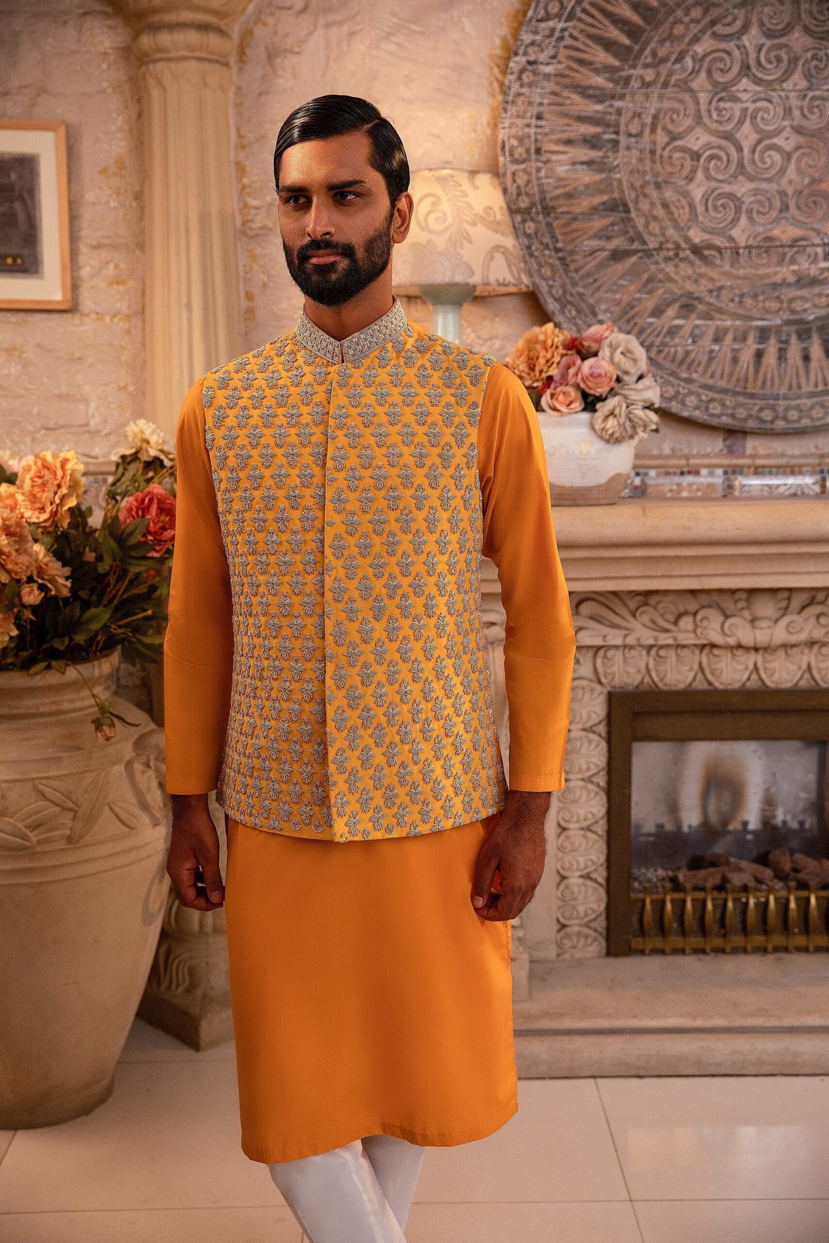 Canary Yellow Embroidered Waistcoat Kurta (3-Piece) - Image 4