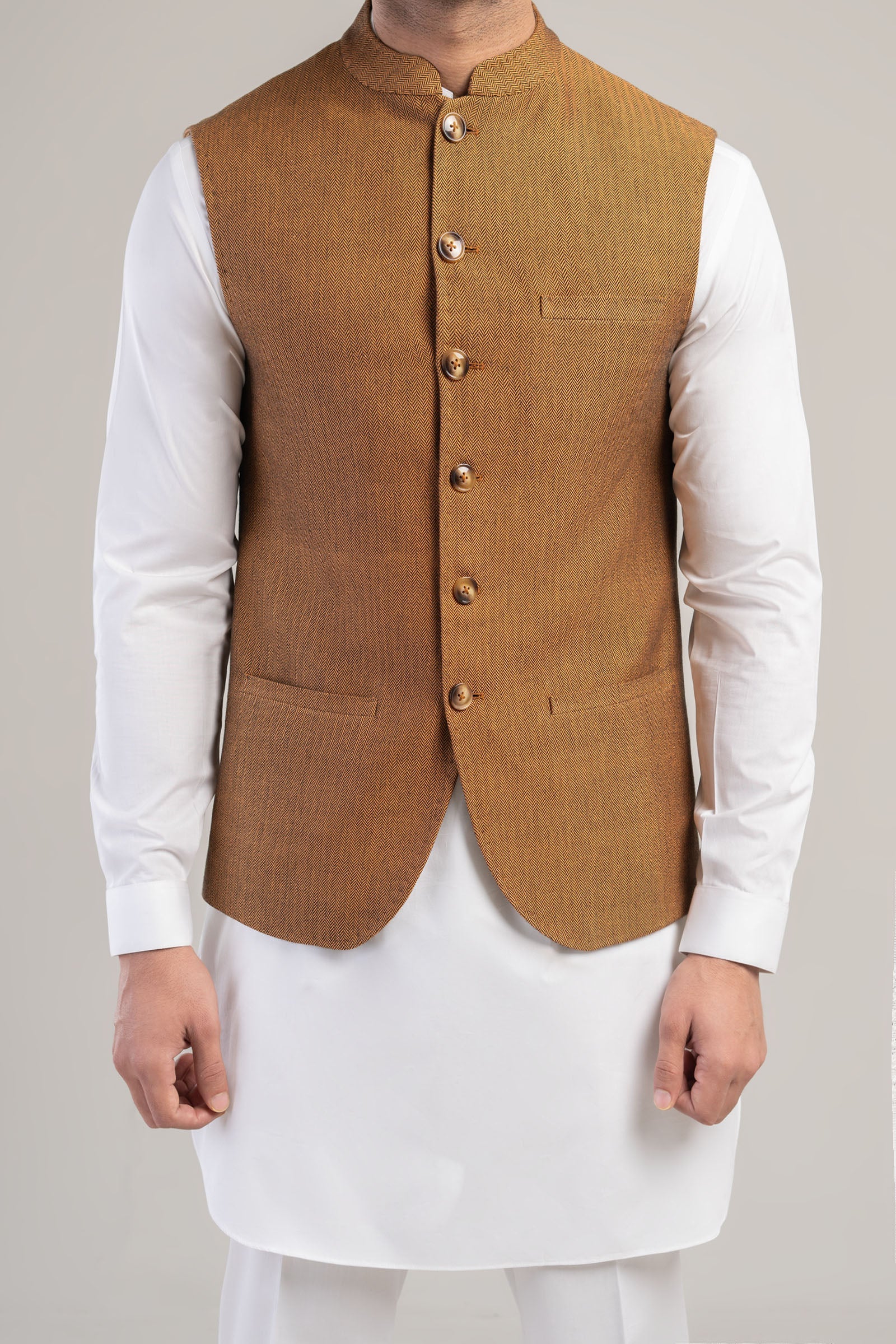 Mustard Handloomed Waistcoat Kurta Set (3-Piece) - Image 2