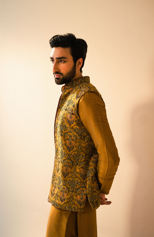 Mustard Karandi Embroidered Waistcoat Kurta Set (3-Piece) - Image 1