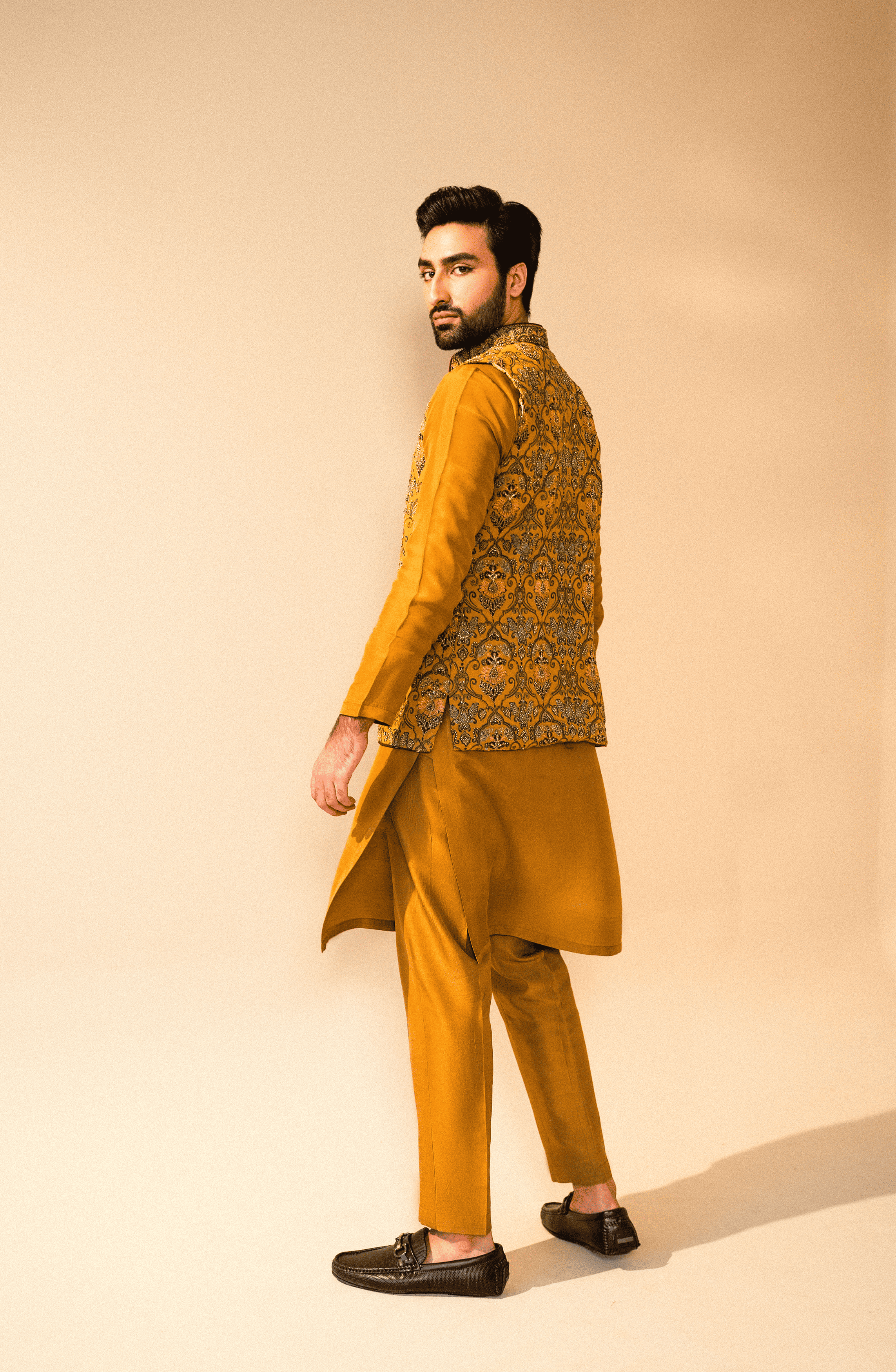 Mustard Karandi Embroidered Waistcoat Kurta Set (3-Piece) - Image 3