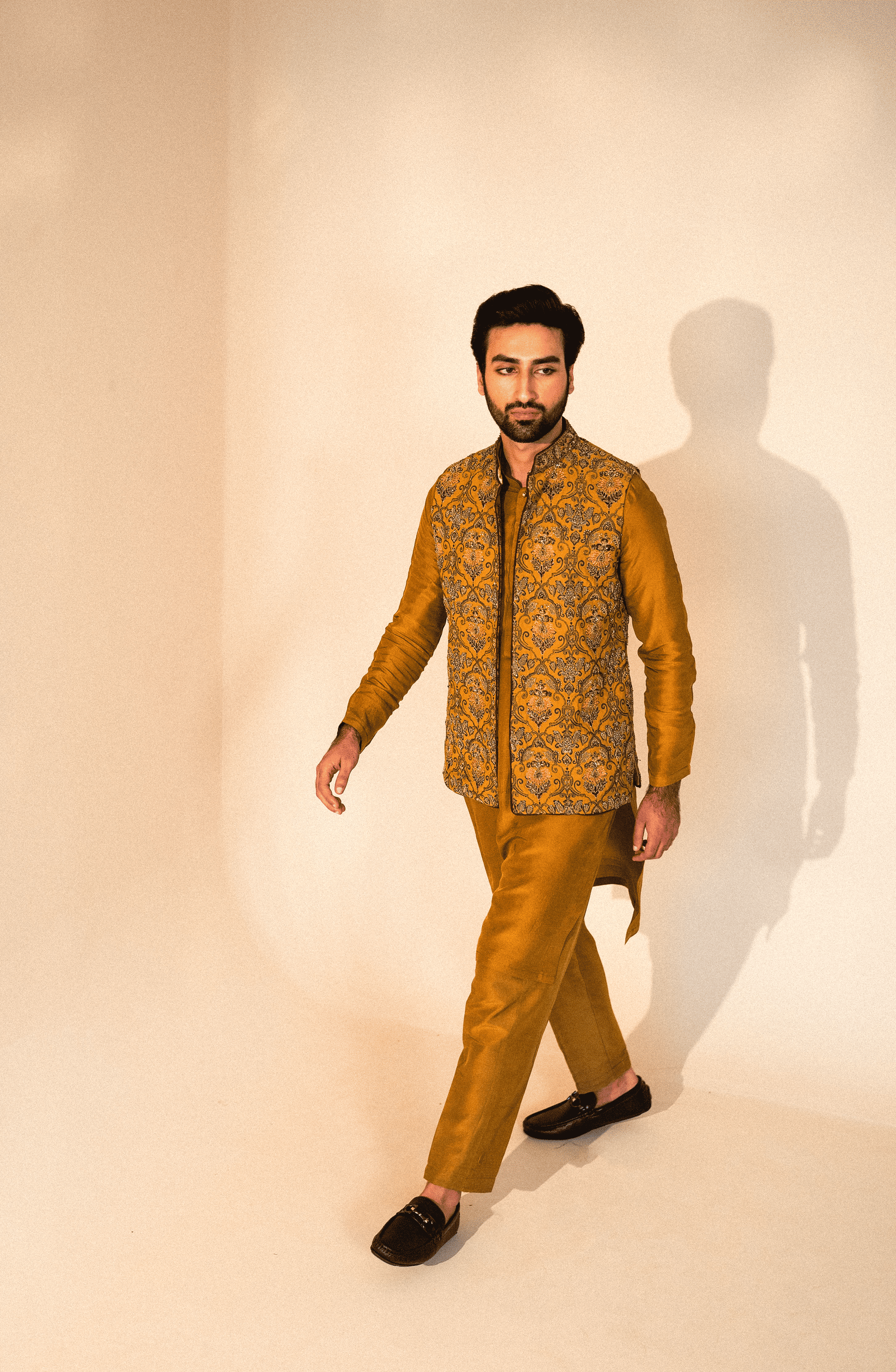Mustard Karandi Embroidered Waistcoat Kurta Set (3-Piece) - Image 5