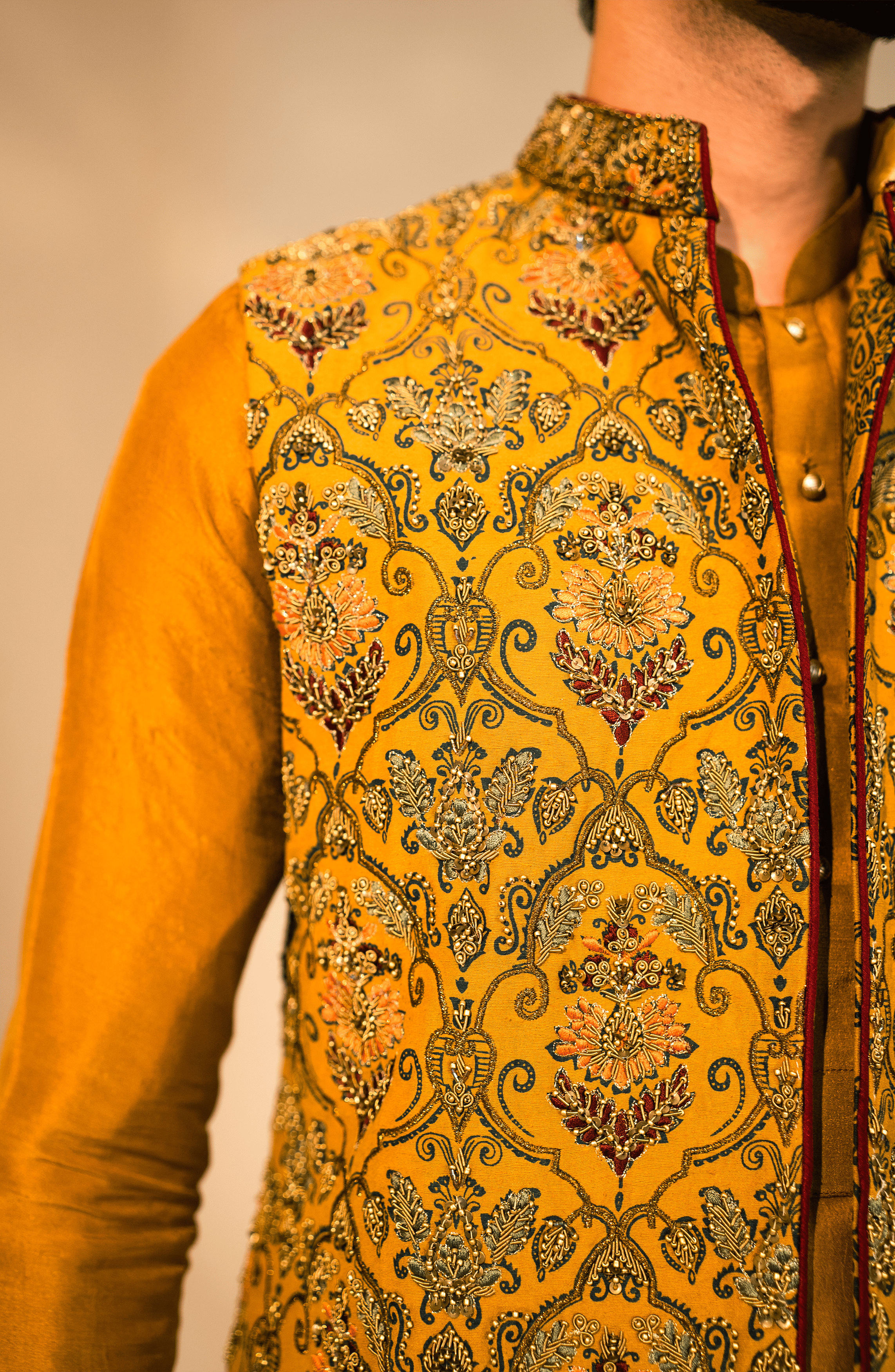 Mustard Karandi Embroidered Waistcoat Kurta Set (3-Piece) - Image 6