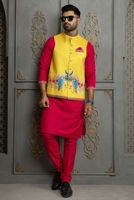 Yellow Digital Print Raw Silk Waistcoat (3-Piece) - Image 2