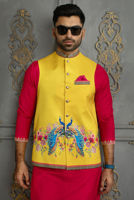 Yellow Digital Print Raw Silk Waistcoat (3-Piece) - Image 3