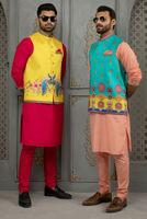 Yellow Digital Print Raw Silk Waistcoat (3-Piece) - Image 4