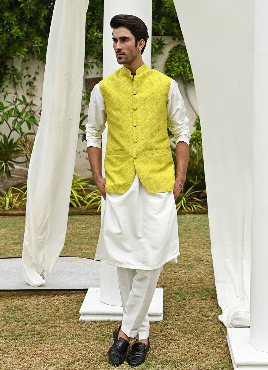 Lime Yellow Printed Raw Silk Waistcoat (3-Piece) - Image 1
