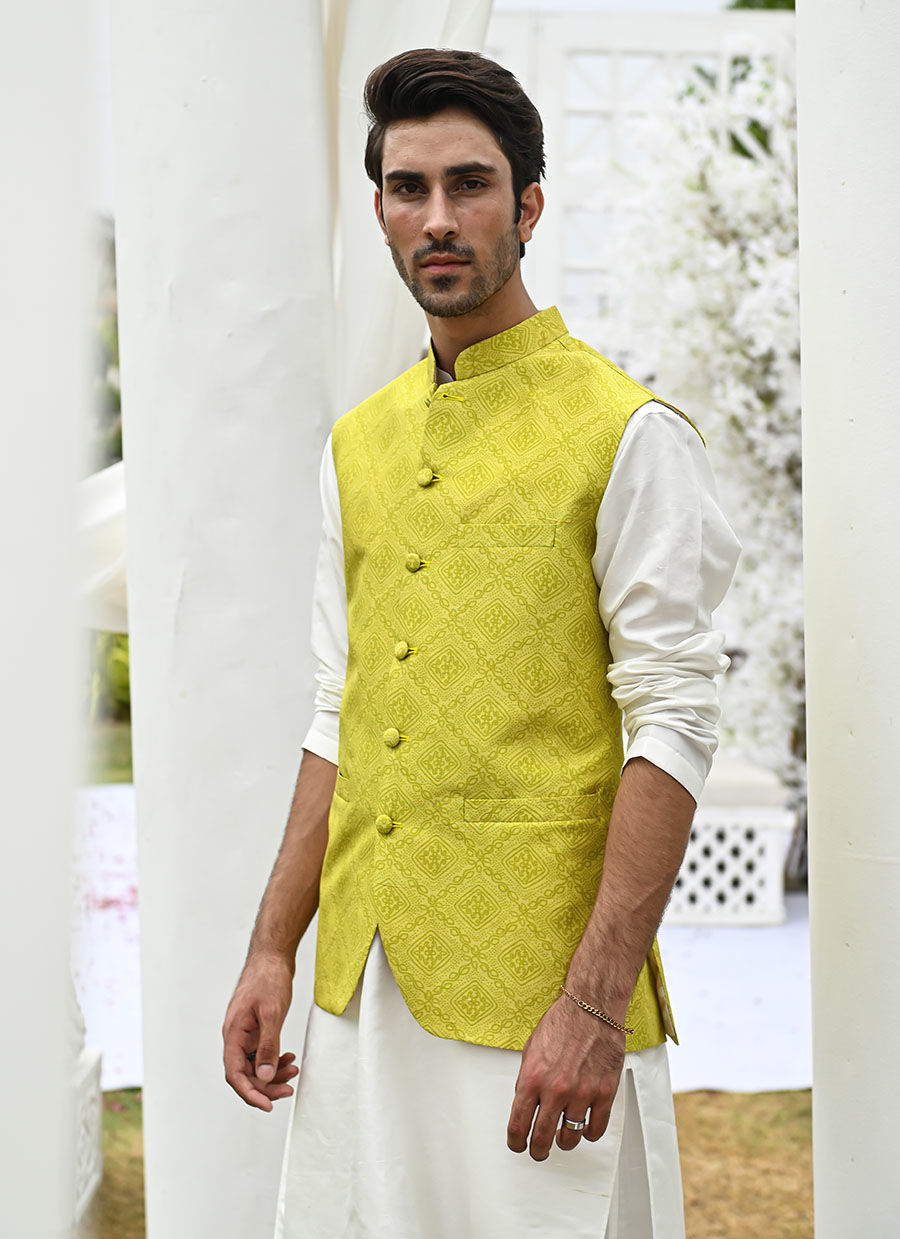Lime Yellow Printed Raw Silk Waistcoat (3-Piece) - Image 2