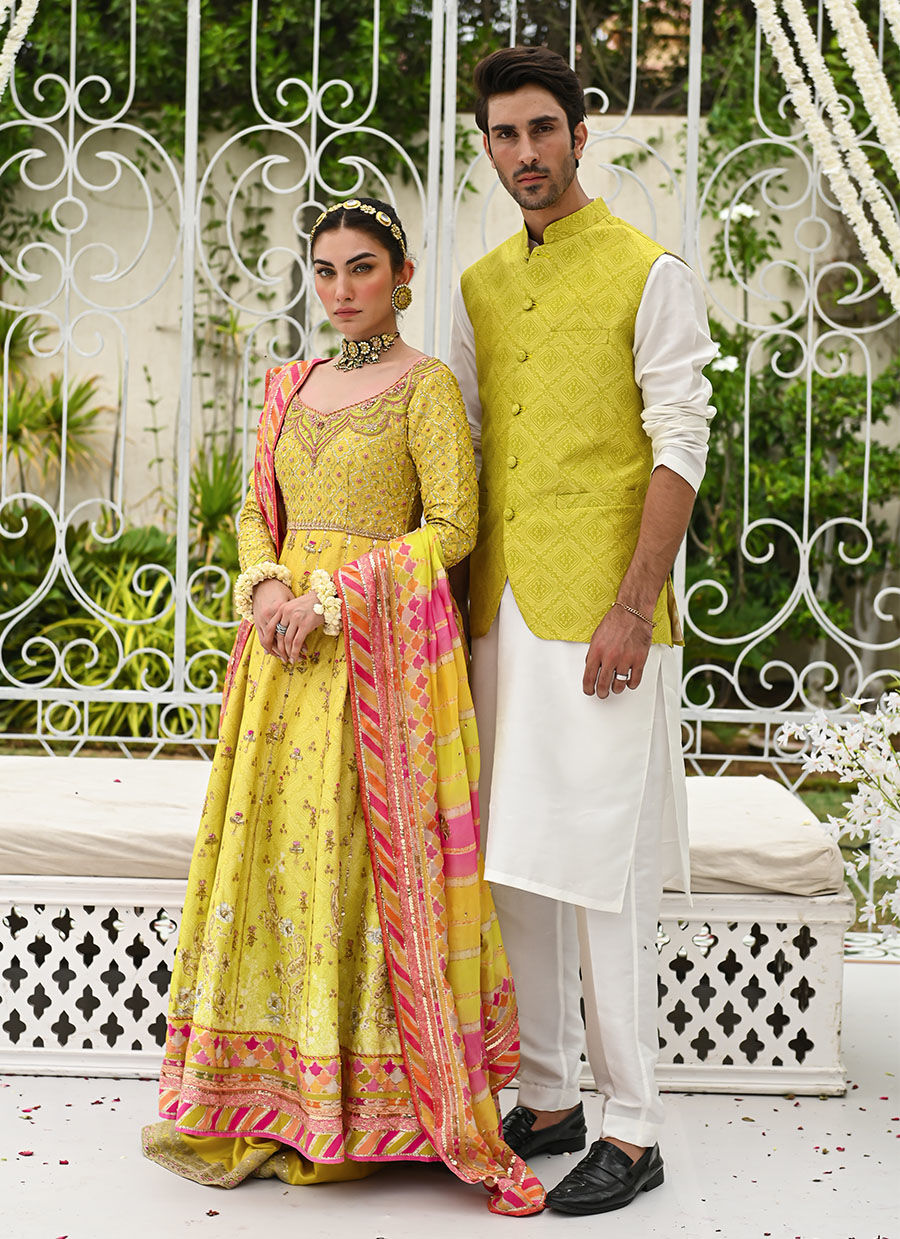 Lime Yellow Printed Raw Silk Waistcoat (3-Piece) - Image 3