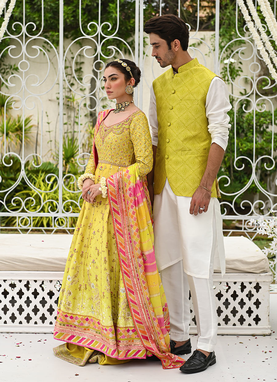 Lime Yellow Printed Raw Silk Waistcoat (3-Piece) - Image 4