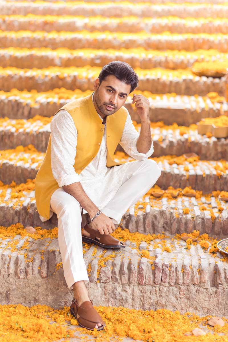 Yellow Self-Printed Waistcoat Kurta Set (3-Piece) - Image 1