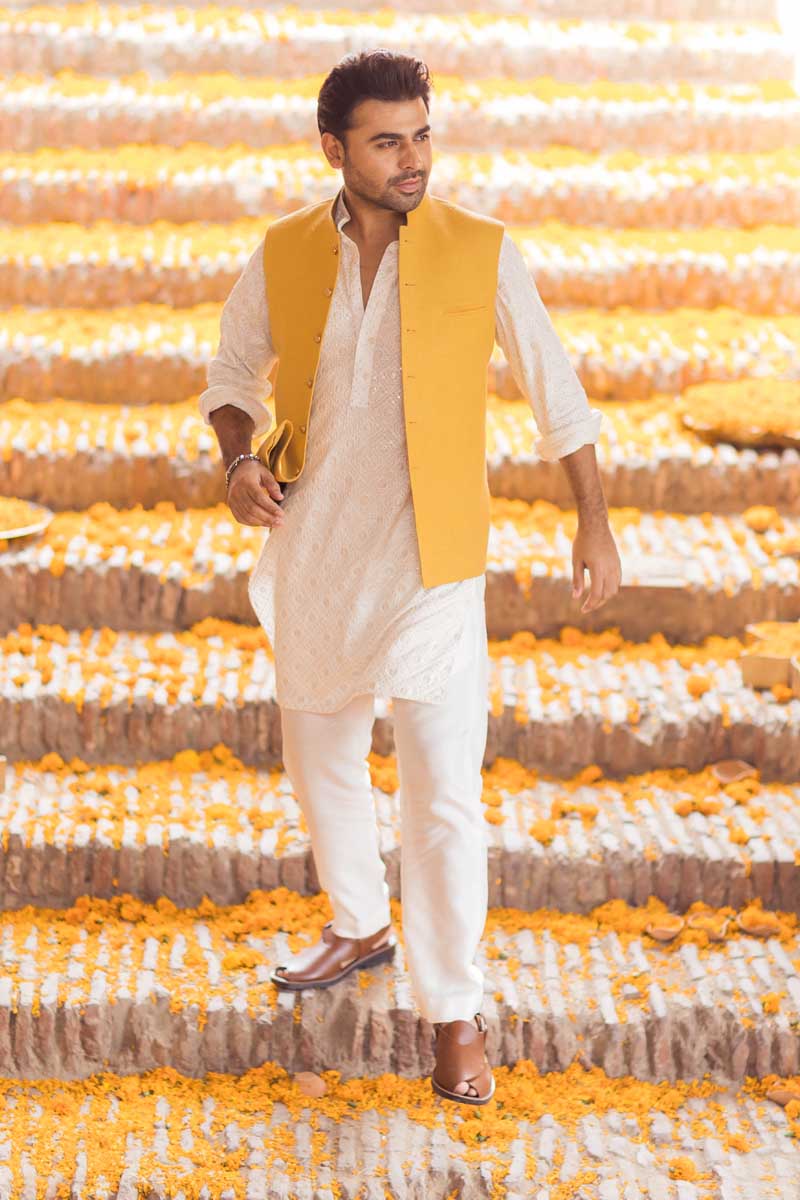 Yellow Self-Printed Waistcoat Kurta Set (3-Piece) - Image 6