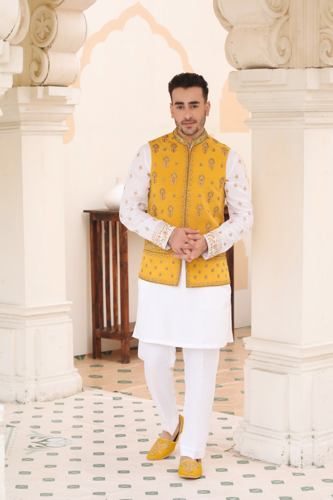 Mustard Ada Work Silk Waistcoat Kurta (3-Piece) - Image 1