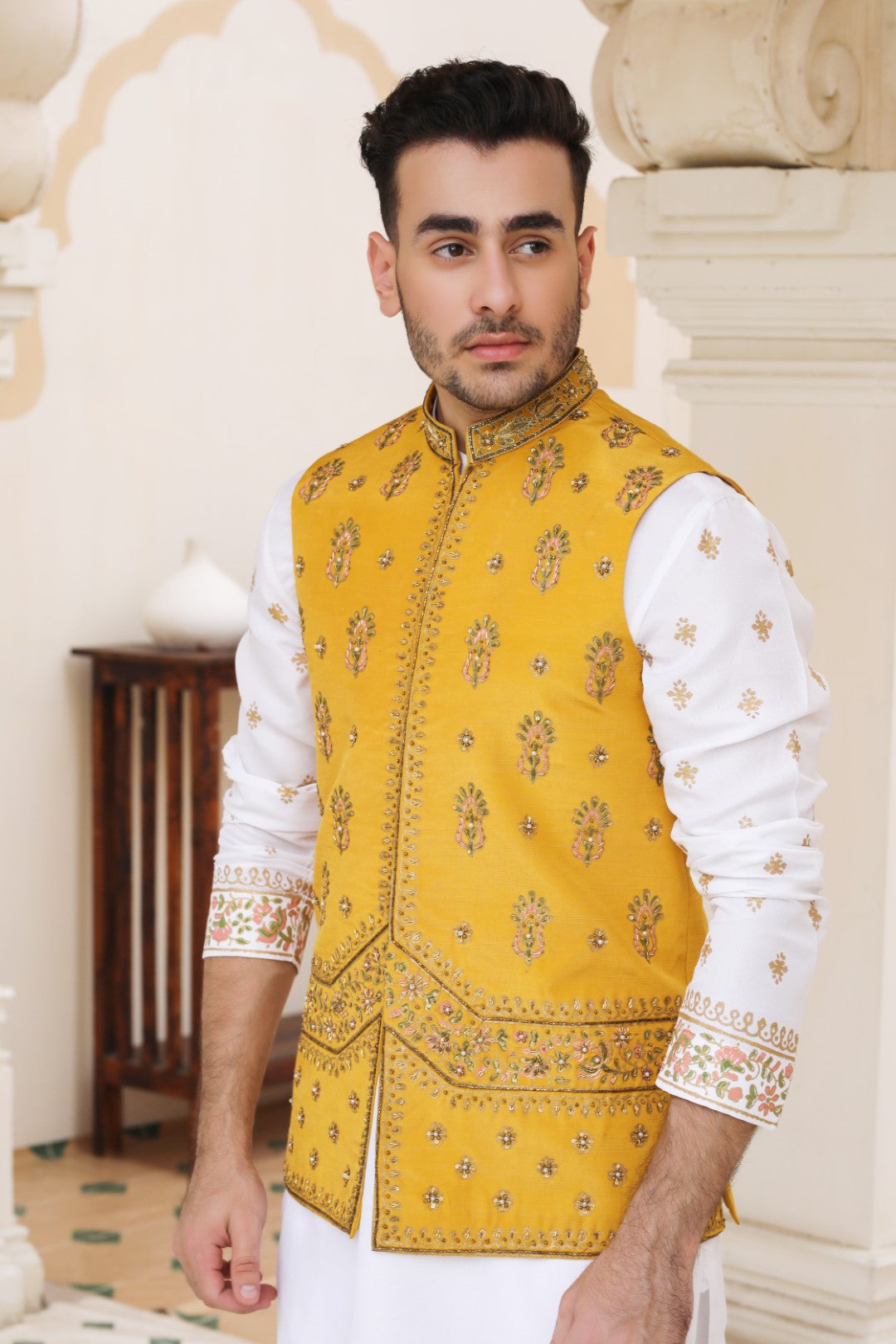 Mustard Ada Work Silk Waistcoat Kurta (3-Piece) - Image 4