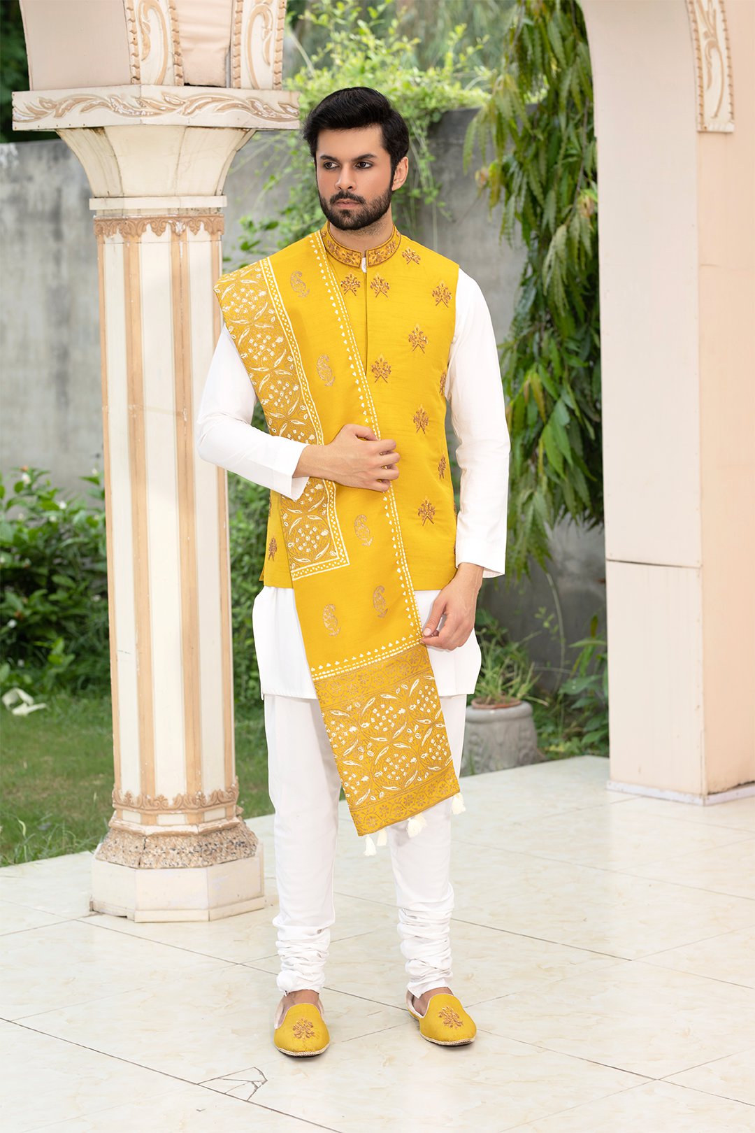 Mustard Ada Work Silk Waistcoat Kurta Set (3-Piece) - Image 1