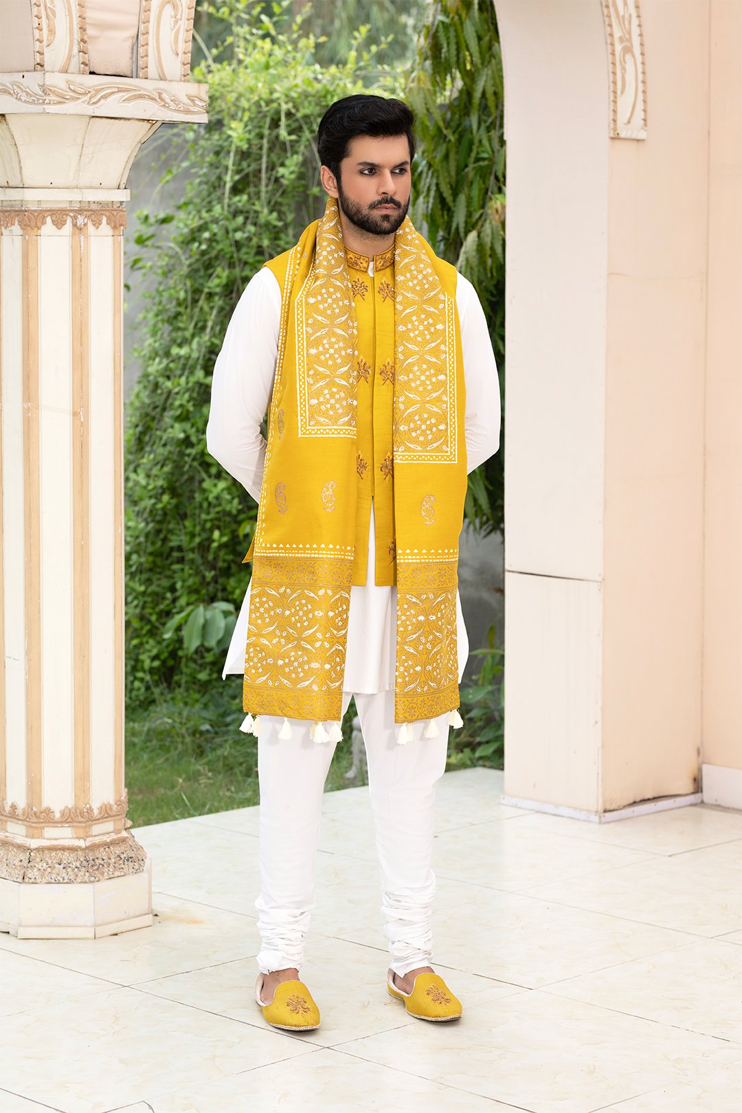 Mustard Ada Work Silk Waistcoat Kurta Set (3-Piece) - Image 2