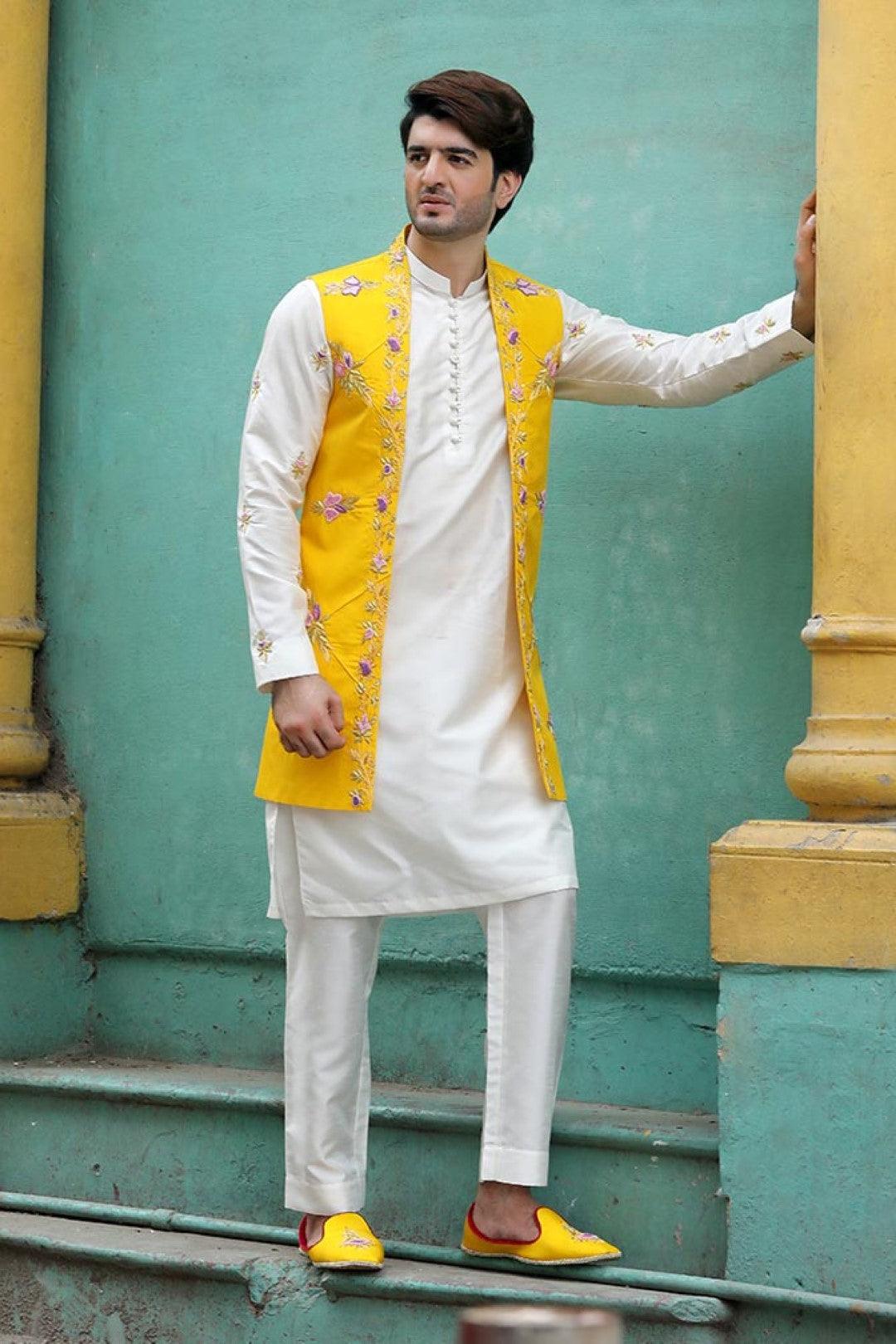 Yellow Adda Work Silk Waistcoat Kurta (3-Piece) - Image 1
