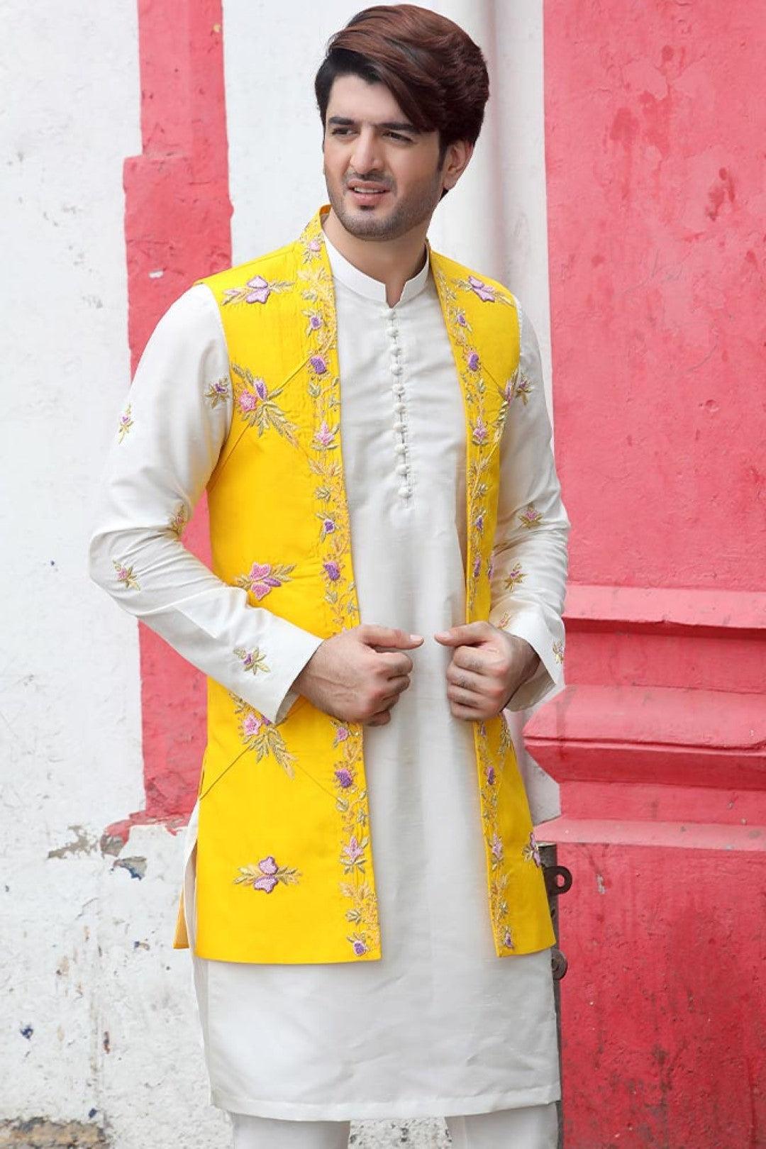 Yellow Adda Work Silk Waistcoat Kurta (3-Piece) - Image 2