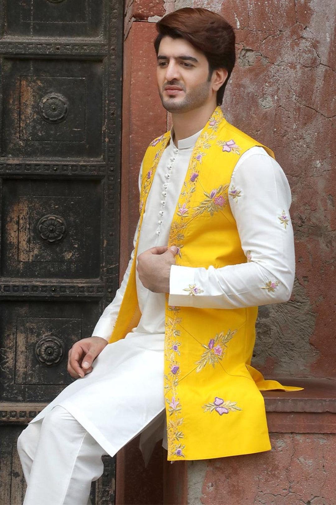 Yellow Adda Work Silk Waistcoat Kurta (3-Piece) - Image 3