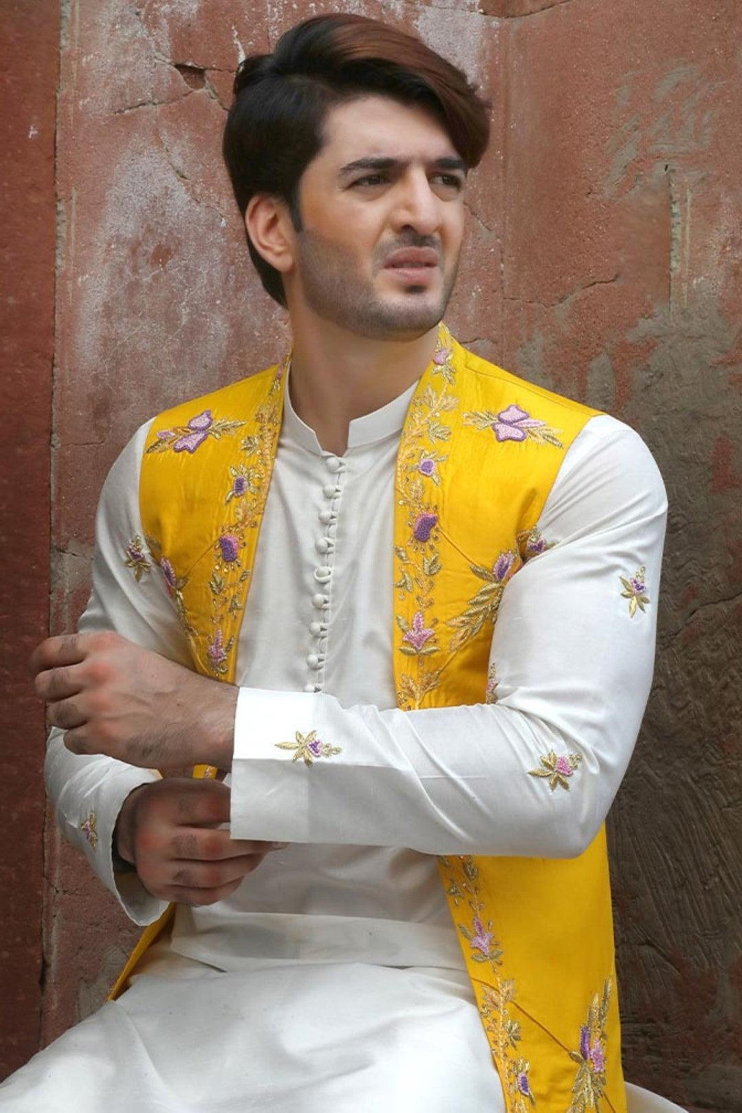 Yellow Adda Work Silk Waistcoat Kurta (3-Piece) - Image 4