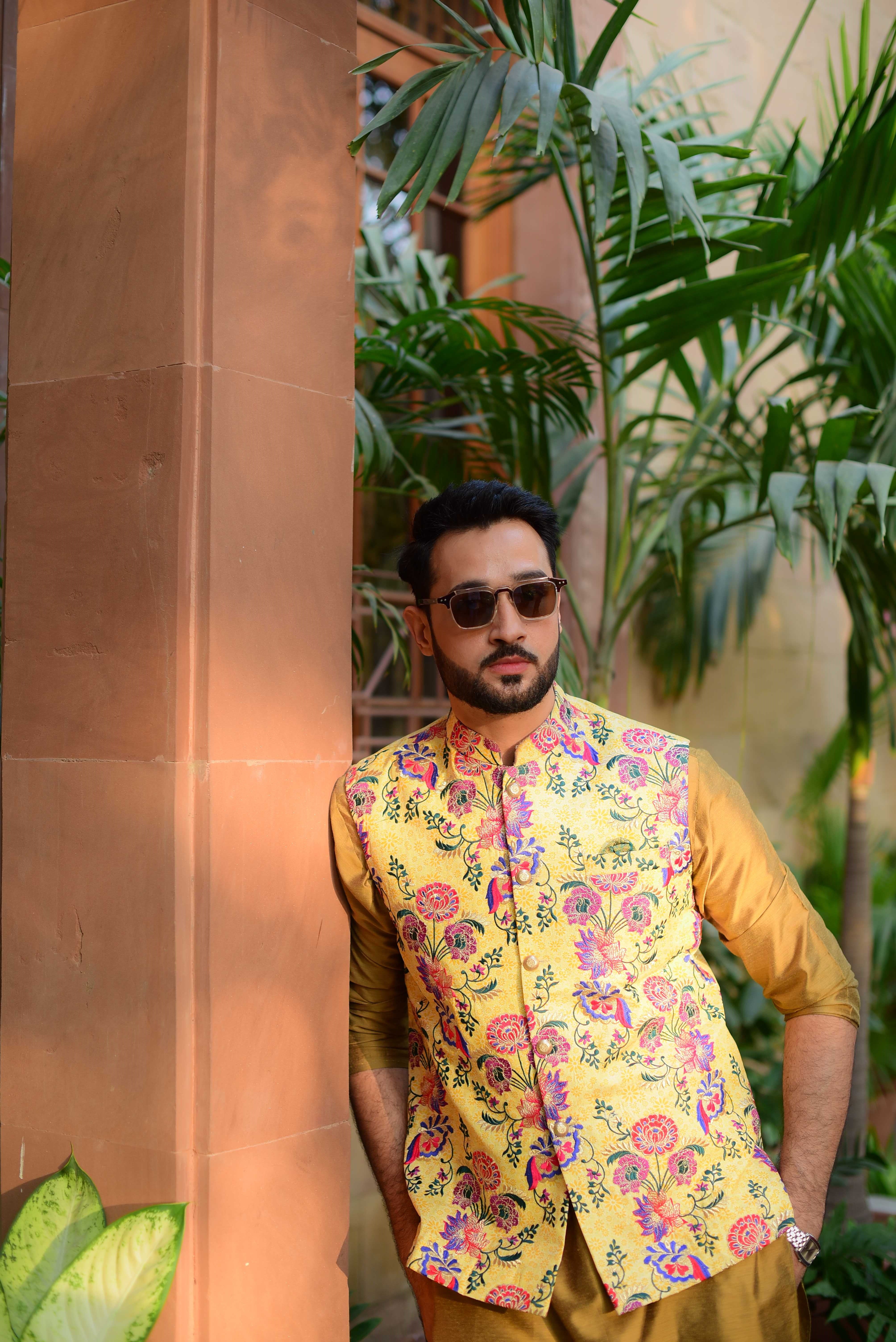 Yellow Multi-Colour Embroidered Silk-Blend Waistcoat (3-Piece) - Image 2