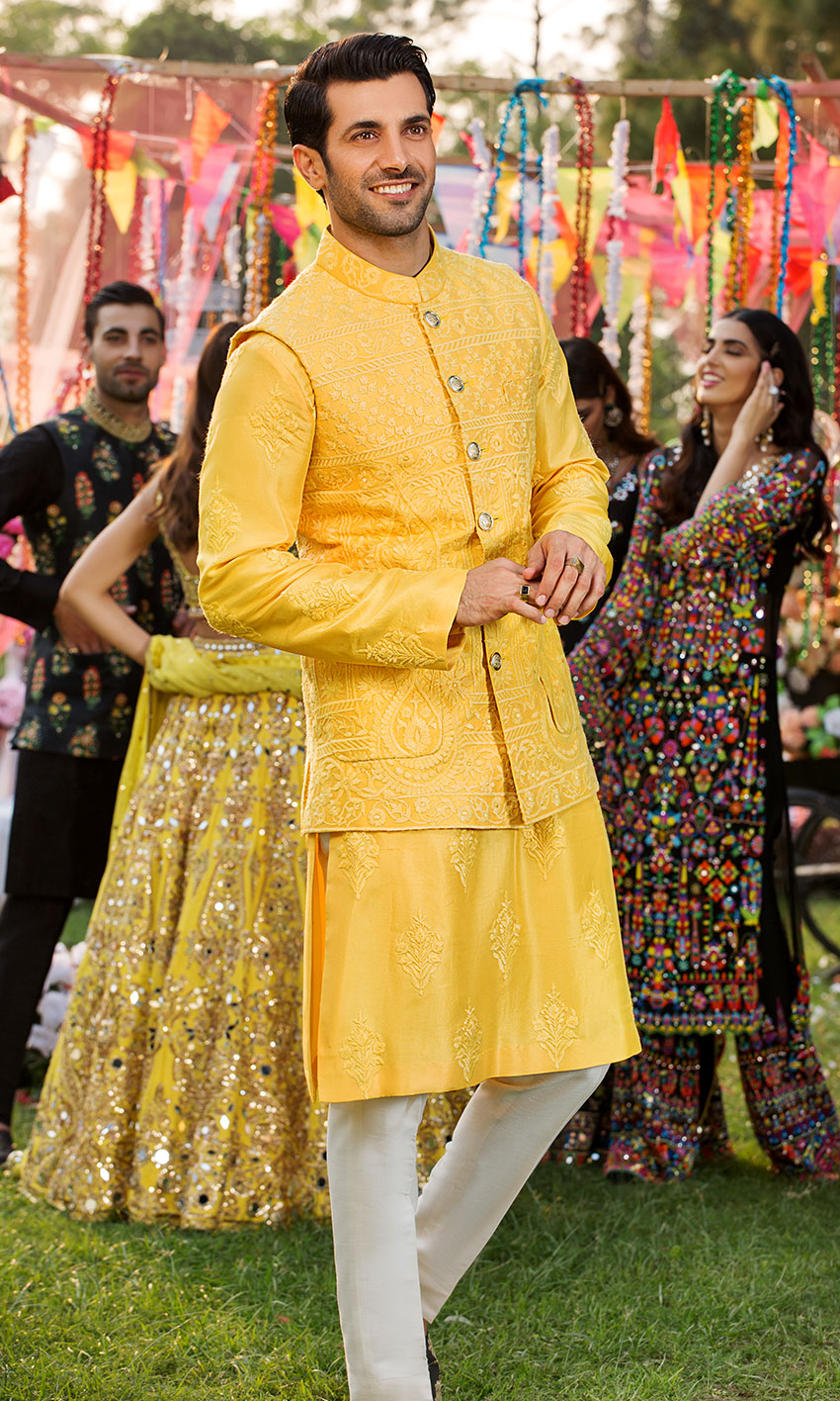 Yellow Self-Embroidered Silk-Blend Waistcoat Kurta Set (3-Piece) - Image 1