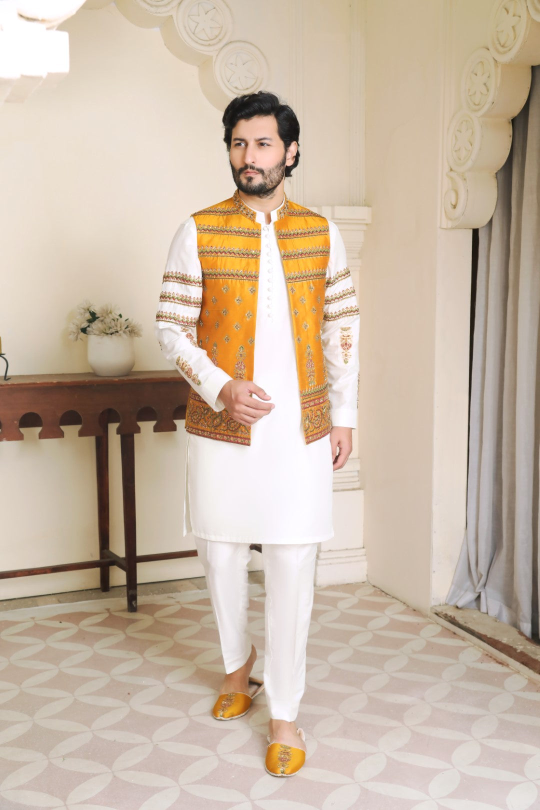 Mustard Ada Embroidered Silk Waistcoat (3-Piece) - Image 1