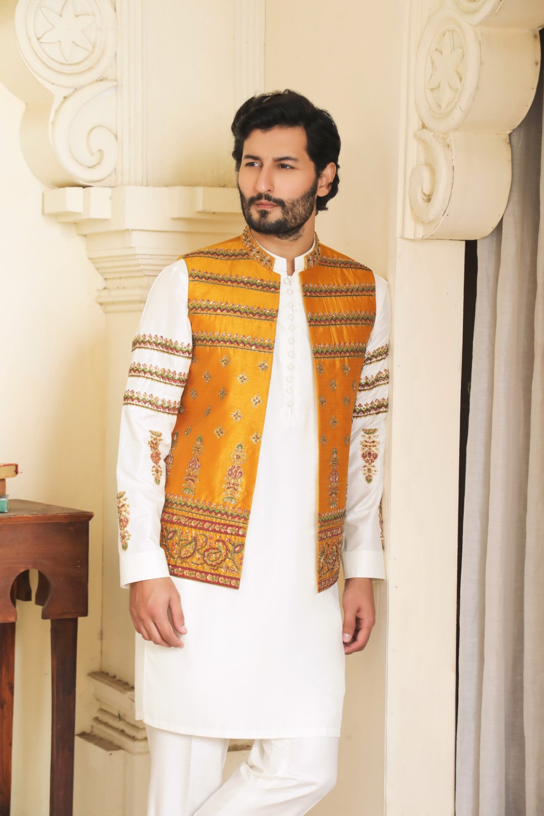 Mustard Ada Embroidered Silk Waistcoat (3-Piece) - Image 4